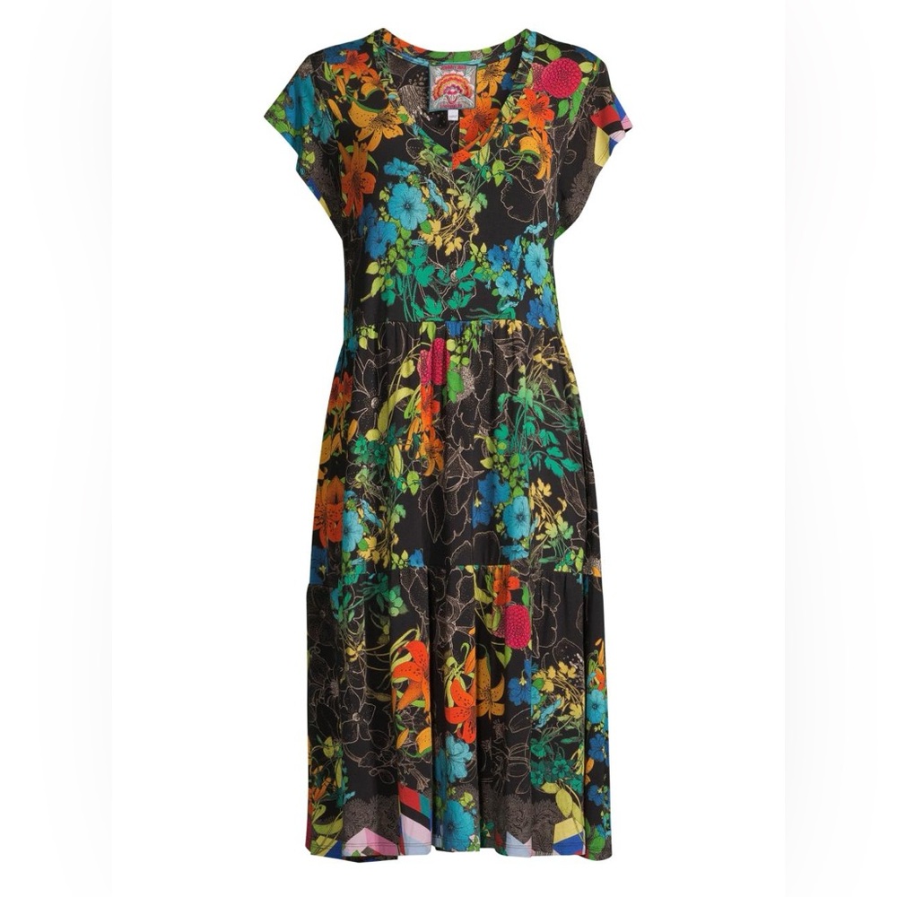 Johnny Was Nero Tiered Floral-print Cap-sleeve Midi Dress In Neutral
